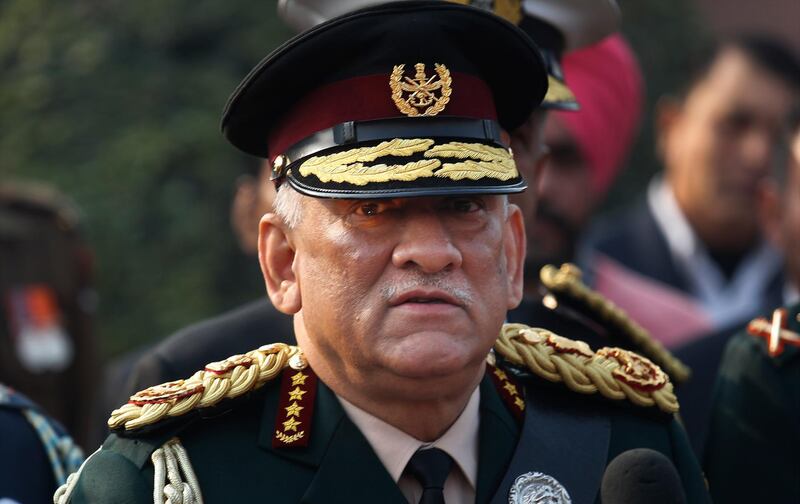 Newly appointed Chief of Defense Staff (CDS) General Bipin Rawat talks to media after inspecting a joint military guard of honor in New Delhi, India, Wednesday, Jan. 1, 2020. Rawat took charge of India's first-ever Chief of Defense Staff on December 31, 2019. (AP Photo/Manish Swarup)