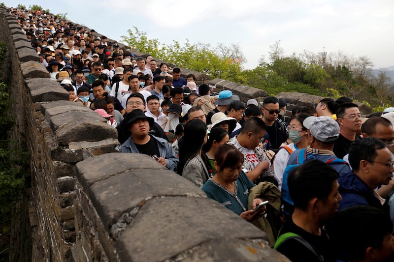 People visit a section of the Great Wall near Beijing during the five-day Labour Day holiday in China. Reuters