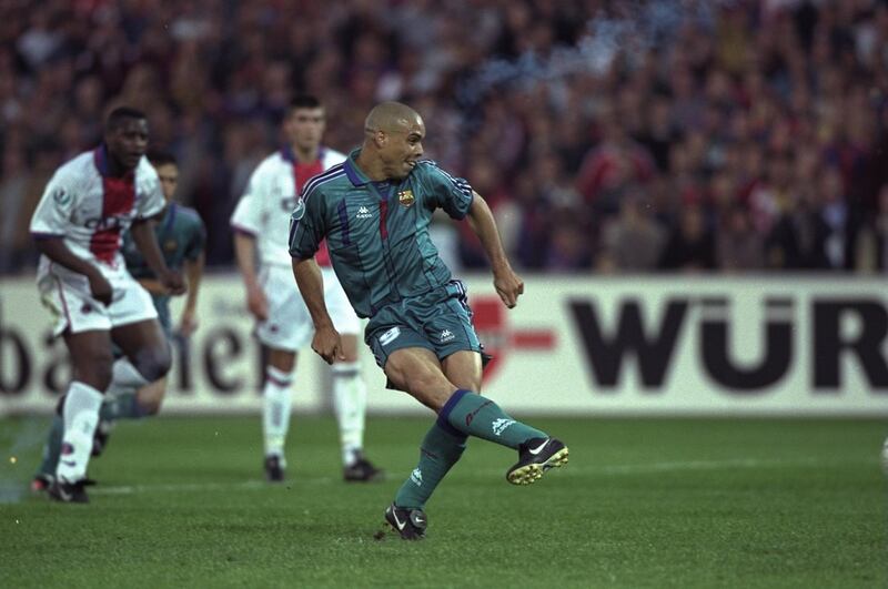 14 May 1997:  Ronaldo of Barcelona scores the winner from the penalty spot during the European Cup Winners Cup Final against Paris St Germain in Rotterdam, Holland. Barcelona won 1-0. \ Mandatory Credit: Ben Radford /Allsport