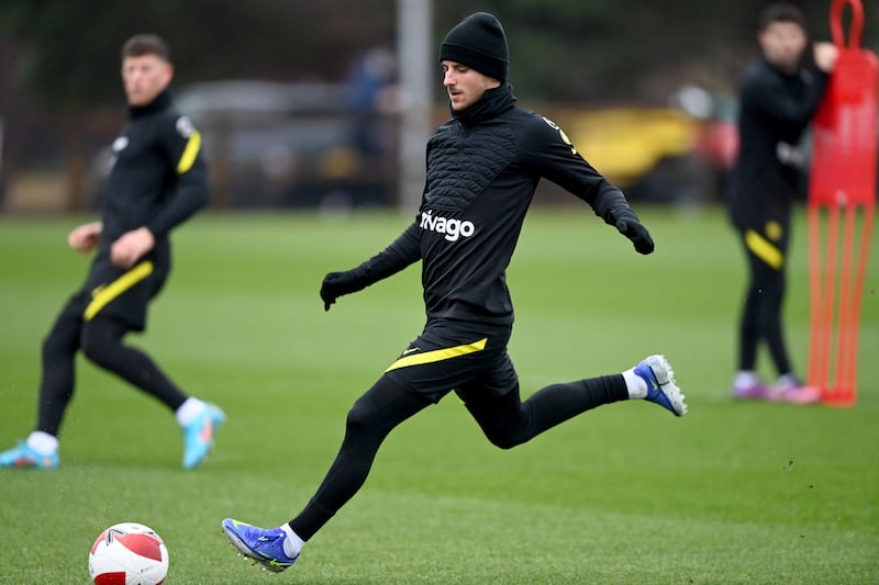 Mason Mount of Chelsea during a training session at Chelsea Training Ground in Cobham, England. 