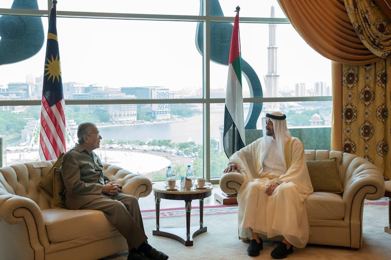 KUALA LUMPUR, MALAYSIA - July 30, 2019: HH Sheikh Mohamed bin Zayed Al Nahyan, Crown Prince of Abu Dhabi and Deputy Supreme Commander of the UAE Armed Forces (R) meets with HE Mahathir Bin Mohamad, Prime Minister of Malaysia (L), at the Prime Minister’s office.

( Mohammed Al Hammadi / Ministry of Presidential Affairs )
---