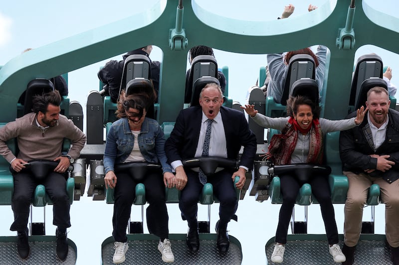Mr Davey on the 'Rush' ride during a Liberal Democrats general election campaign event at Thorpe Park. Reuters