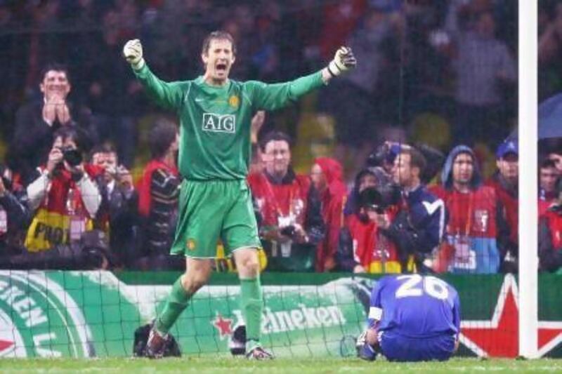 Edwin Van der Sar of Manchester United, left, celebrates after John Terry of Chelsea misses a penalty during the Uefa Champions League Final match between Manchester United and Chelsea, won by Man United. Van der Sar points to the high points are well remembered but low points should quickly be put out of one's head.