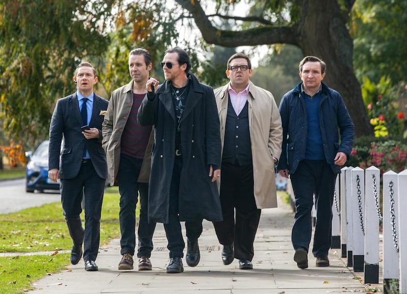 From left, Martin Freeman, Paddy Considine, Simon Pegg, Nick Frost and Eddie Marsan in The World's End.  Laurie Sparham / AP Photo / Focus Features