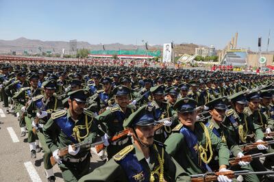 Police cadets march during a military parade held by the Houthis in Sanaa. Reuters