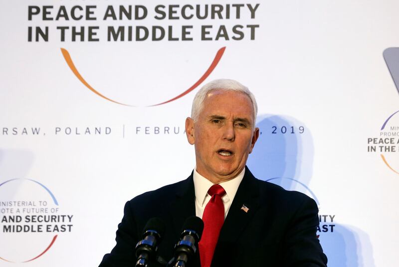 United States Vice President Mike Pence speaks at a conference on Peace and Security in the Middle East in Warsaw, Poland, Thursday, Feb. 14, 2019. The Polish capital is host for a two-day international conference, co-organized by Poland and the United States. (AP Photo/Michael Sohn)
