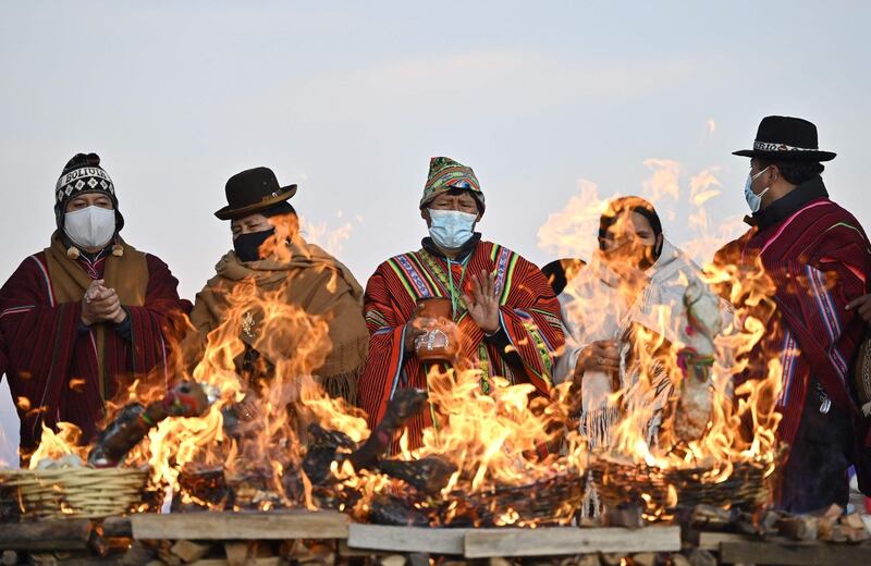 Aymara indigenous people take part in the celebration of Andean New Year in Tiwanaku, Bolivia. The country resumed celebrations of the solstice, marking the year 5529. AFP