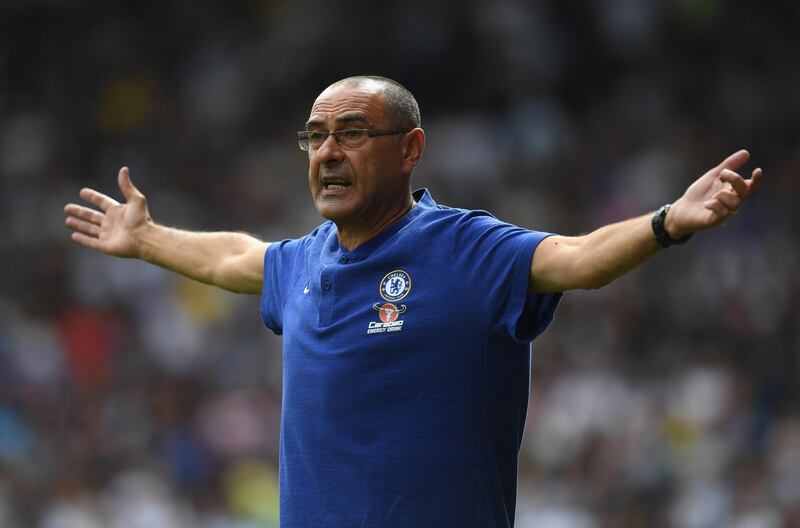 HUDDERSFIELD, ENGLAND - AUGUST 11:  Chelsea manager Maurizio Sarri during the Premier League match between Huddersfield Town and Chelsea FC at John Smith's Stadium on August 11, 2018 in Huddersfield, United Kingdom.  (Photo by Shaun Botterill/Getty Images)