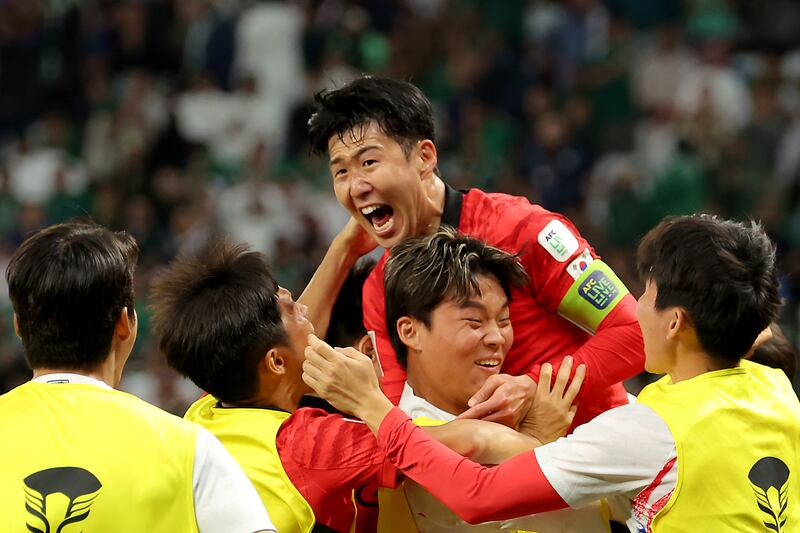Son Heung-min of South Korea celebrates after Cho Gue-Sung scoring their equaliser. Getty Images