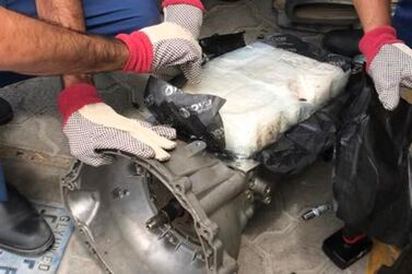 Dubai Customs officers thwart attempt to smuggle of 251.2 kg of crystal meth and 6.4 kg of heroin, hidden in spare car parts, into the emirate. Courtesy Dubai Customs