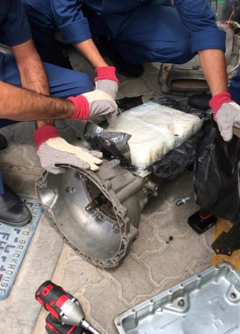 Dubai Customs officers thwart attempt to smuggle of 251.2 kg of crystal meth and 6.4 kg of heroin, hidden in spare car parts, into the emirate. Courtesy Dubai Customs