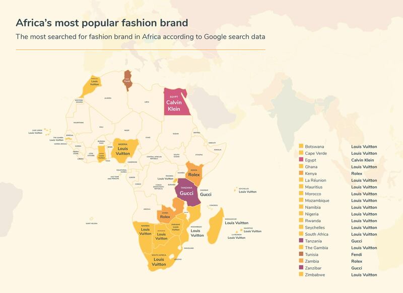 A map showing the most searched-for fashion brands across Africa. Courtesy Money.co.uk