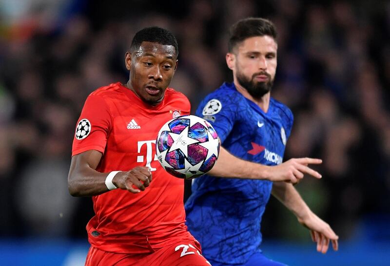 Bayern Munich's David Alaba in action with Chelsea's Olivier Giroud. Reuters