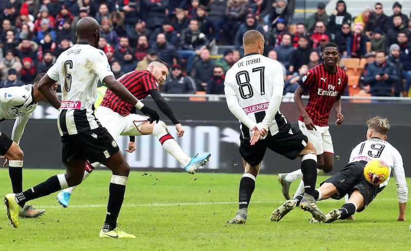 Ante Rebic scores the winning goal for AC Milan against Udinese. EPA