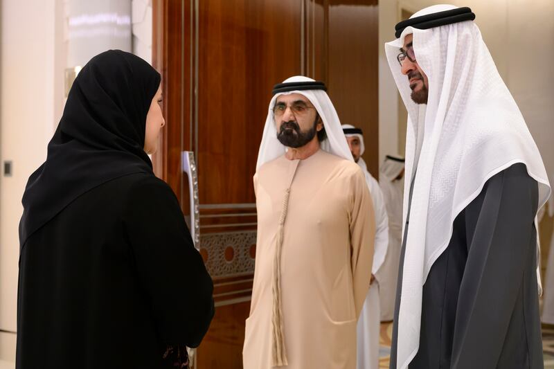President Sheikh Mohamed and Sheikh Mohammed bin Rashid, Vice President and Ruler of Dubai, speak with Sarah Al Amiri, Minister of State for Public Education and Future Technology, at the launch of the National Genome Strategy at Qasr Al Watan. All pictures: Presidential Court