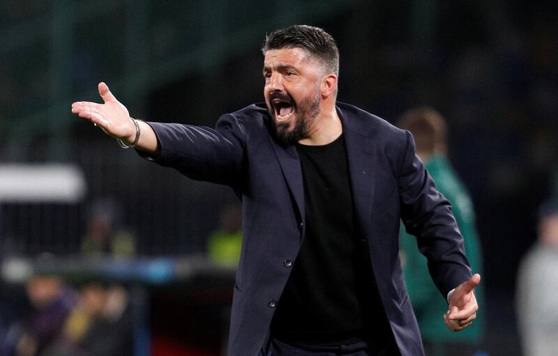 Soccer Football - Champions League - Round of 16 First Leg - Napoli v FC Barcelona - Stadio San Paolo, Naples, Italy - February 25, 2020  Napoli coach Gennaro Gattuso reacts  REUTERS/Guglielmo Mangiapane