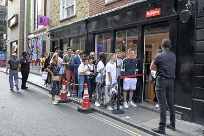 Every Thursday the fashion label Supreme, which is a skateboarding shop / clothing brand releases new lines and so fans of the brand queue outside this shop in Soho to be first in line for some original fashions in London, England, United Kingdom. (photo by Mike Kemp/In PIctures via Getty Images)