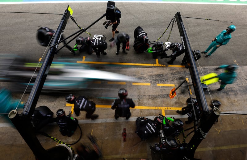 Mercedes' Lewis Hamilton during a pit stop. The British driver went on to secure his first podium of the season. Reuters