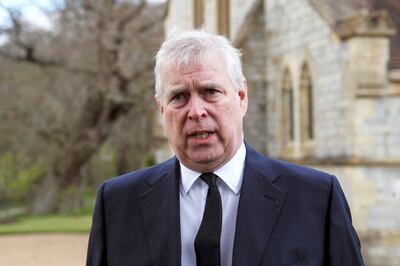 Prince Andrew speaks to the media during a Sunday service at the Royal Chapel of All Saints at Windsor Great Park in April this year. PA