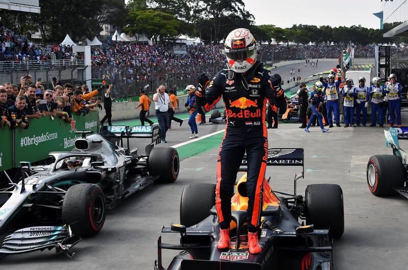 Red Bull's Dutch driver Max Verstappen celebrates after winning the F1 Brazil Grand Prix, at the Interlagos racetrack in Sao Paulo, Brazil on November 17, 2019. (Photo by NELSON ALMEIDA / AFP)