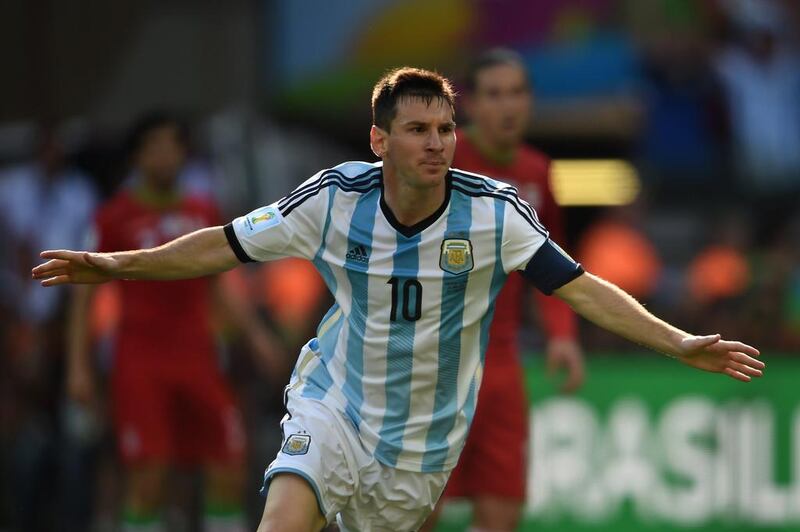 Argentina's Lionel Messi celebrates after scoring the winner on Saturday in a 1-0 victory over Iran at the 2014 World Cup in Belo Horizonte, Brazil. Pedro Ugarte / AFP