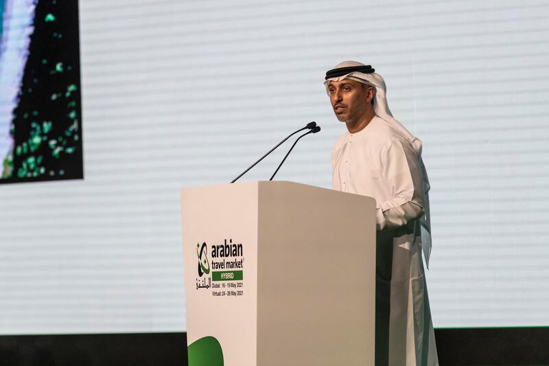 His Excellency Dr Ahmad Belhoul Al Falasi, Minister of State for Entrepreneurship and Small and Medium Enterprises (SMEs) at the first day of the 2021 Arabian Travel Market exhibition at the World Trade Center in Dubai on May 16 th, 2021. 
Antonie Robertson / The National.
Reporter: Sarmad Khan for National.