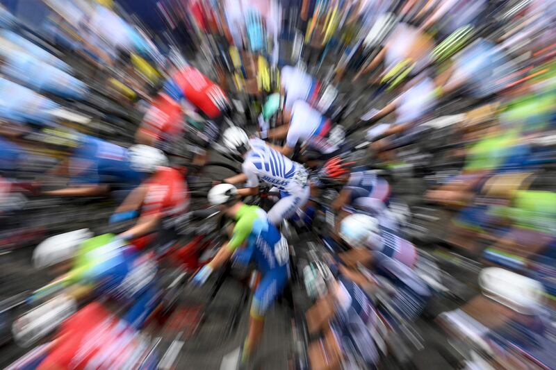 Competitors waiting for the start of the elite men's road race at the European Championships in Plouay, western France, on Wednesday, August 26. AFP
