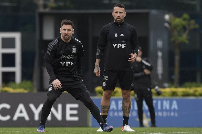 Argentina forward Lionel Messi and defender Nicolas Otamendi take part in a training session. AFP