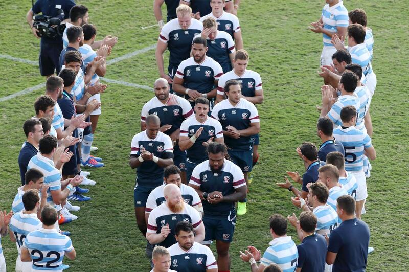 USA players are applauded by Argentina players after the Rugby World Cup 2019 Group C game between Argentina and USA at Kumagaya Rugby Stadium in Kumagaya, Saitama, Japan. Getty Images