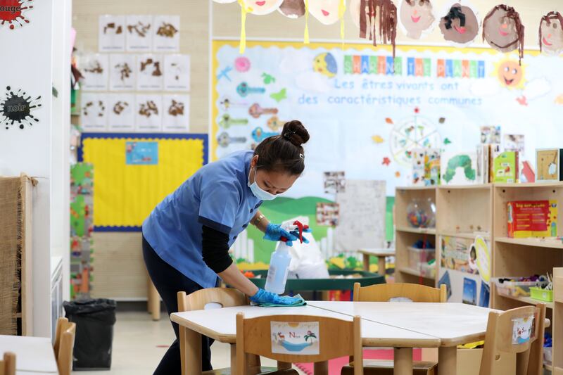 Covid-19 cleaning at Swiss International School in Dubai. Chris Whiteoak/ The National