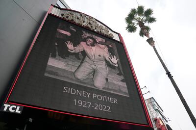 A picture of the late actor Sidney Poitier at the TCL Chinese Theatre marquee in Los Angeles. AP Photo / Chris Pizzello