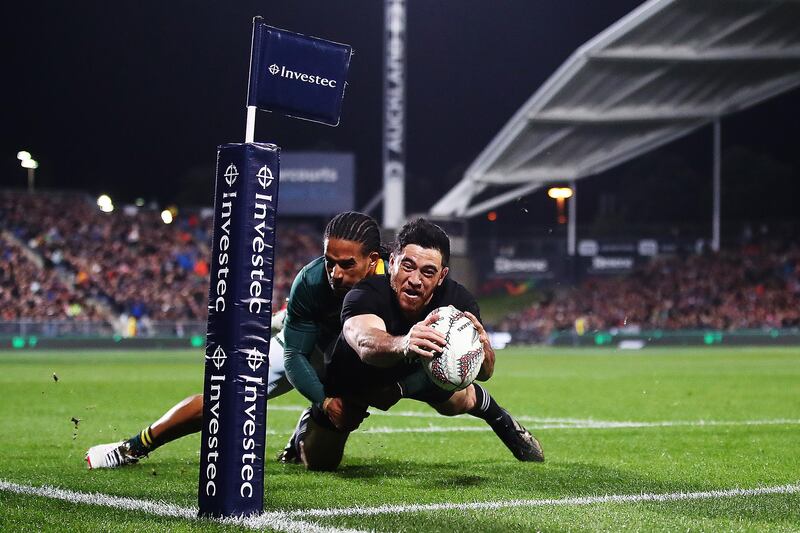 Nehe Milner-Shudder dives over to score a try during the Rugby Championship match between the All Blacks and the South African Springboks at QBE Stadium in Auckland, New Zealand.  Hannah Peters / Getty Images