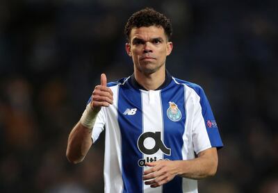 Porto defender Pepe gestures at the end of the Champions League round of 16, 2nd leg, soccer match between FC Porto and AS Roma at the Dragao stadium in Porto, Portugal, Wednesday, March 6, 2019. Porto won 3-1. (AP Photo/Luis Vieira)