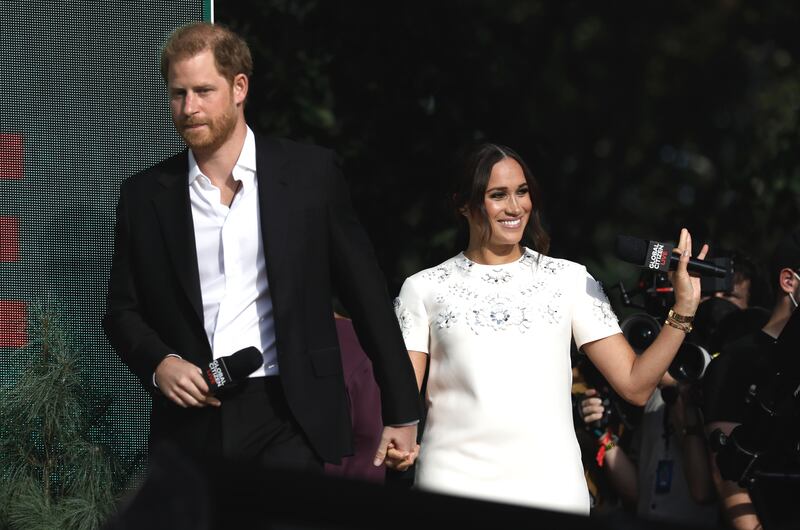 Prince Harry and Meghan, the Duke and Duchess of Sussex, speak to the New York crowd as part of the event. EPA