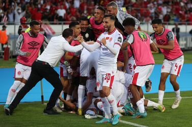Wydad's players celebrate scoring their first goal during the second-leg of the CAF Champions League final football match between Morocco's Wydad AC and Egypt's Al-Ahly at the Mohammed V Stadium in Casablanca on June 11, 2023. (Photo by Fadel Senna / AFP)