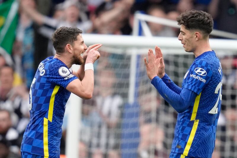 Chelsea's Kai Havertz, right, celebrates with Jorginho at after the match. AP