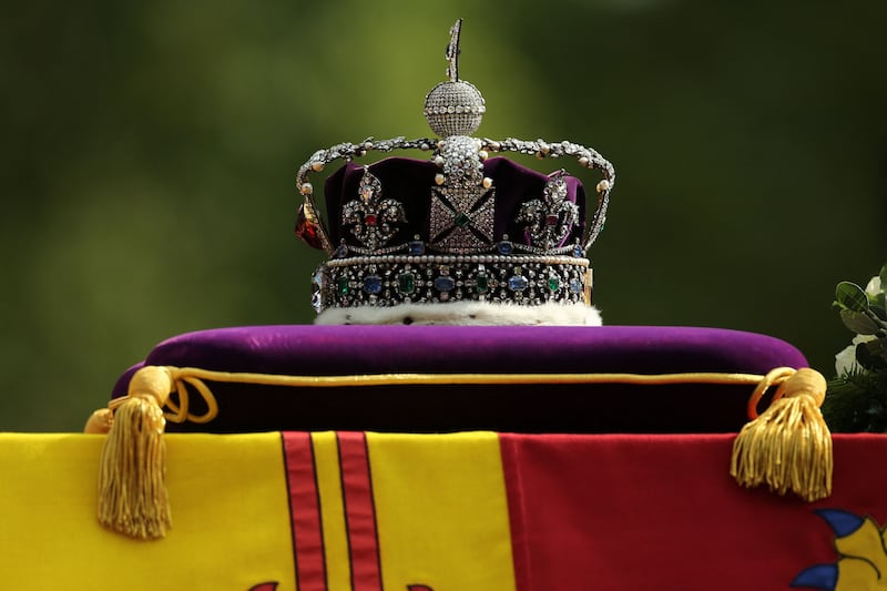 The imperial state crown on the coffin of Queen Elizabeth II. AFP