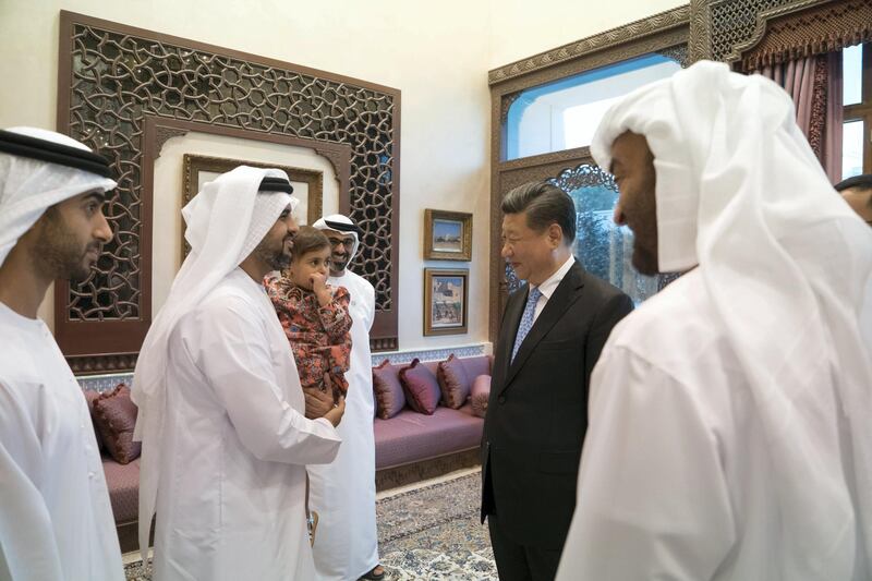 ABU DHABI, UNITED ARAB EMIRATES - July 20, 2018: HH Sheikh Mohamed bin Zayed Al Nahyan Crown Prince of Abu Dhabi Deputy Supreme Commander of the UAE Armed Forces (R) receives HE Xi Jinping, President of China (2nd R), prior to a private dinner, at Sea Palace. Seen with HH Sheikh Hamdan bin Mohamed bin Zayed Al Nahyan (L), HH Sheikh Theyab bin Mohamed bin Zayed Al Nahyan, Chairman of the Department of Transport, and Abu Dhabi Executive Council Member (2nd L), HH Sheikha Salama bint Diab bin Mohamed bin Zayed Al Nahyan (3rd L) and HH Major General Sheikh Khaled bin Mohamed bin Zayed Al Nahyan, Deputy National Security Adviser (4th L).


( Rashed Al Mansoori / Crown Prince Court - Abu Dhabi )
---