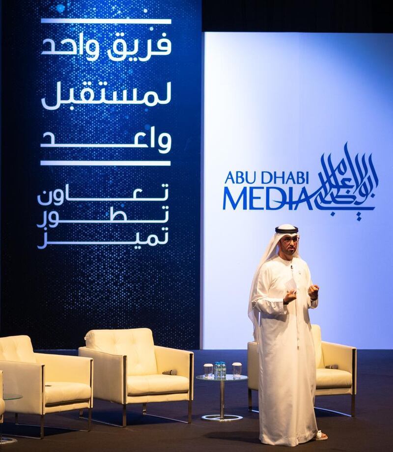 Dr Sultan Al Jaber, Minister of State and Chairman of the Board of Directors of Abu Dhabi Media, unveiled the company's new strategy on Sunday. Courtesy Abu Dhabi Media