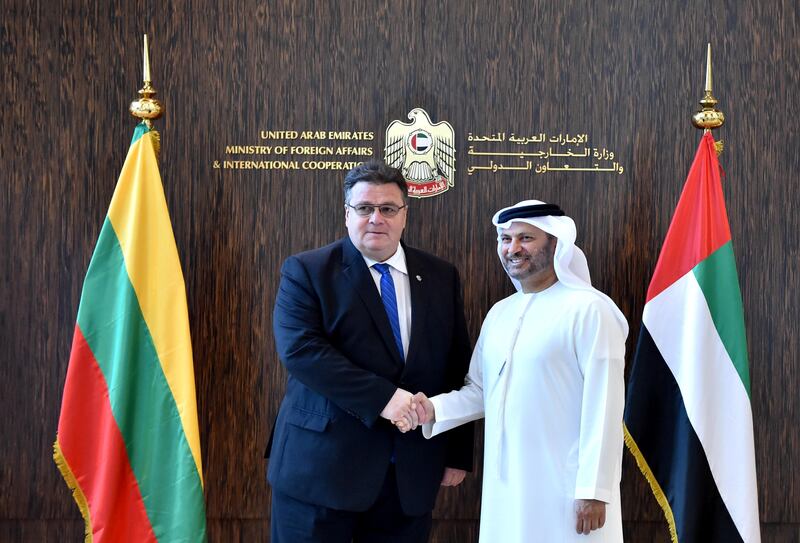 Dr Anwar Gargash, Minister of State for Foreign Affairs, receives the Minister of Foreign Affairs of Lithuania, Linas Linkevicius, in Abu Dhabi on Tuesday. Wam