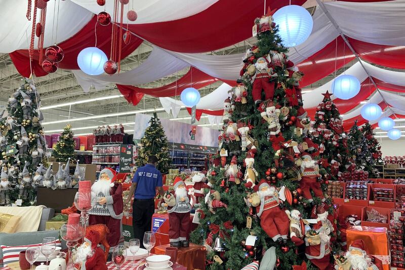 DUBAI , UNITED ARAB EMIRATES , November 22 – 2020 :- Christmas decorative items on display at the Carrefour hypermarket in Ibn Battuta mall in Dubai. ( Pawan Singh / The National ) For News/Standalone/Online/Instagram