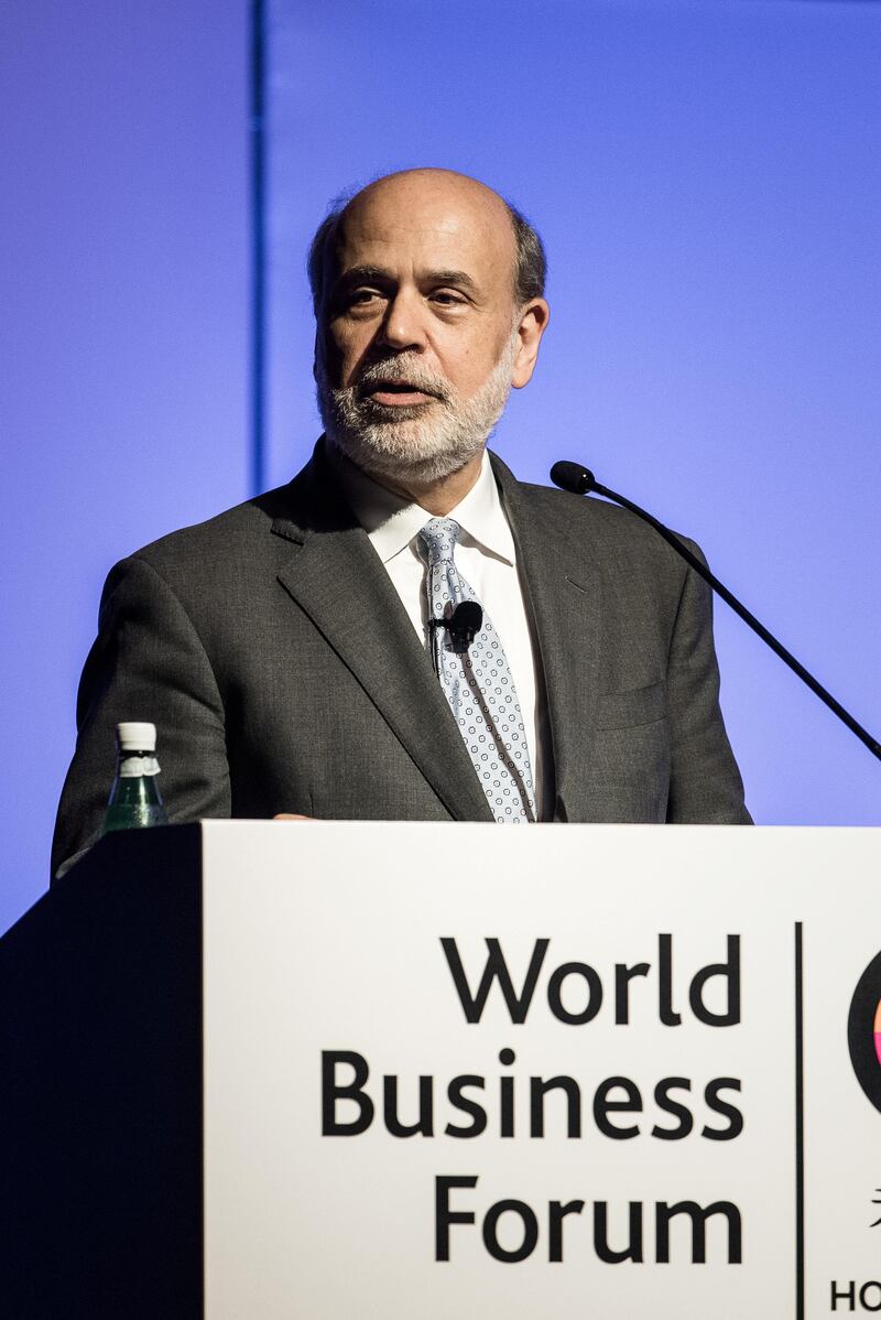 Former US Federal Reserve chairman Ben Bernanke speaks at the World Business Forum in Hong Kong on June 2, 2015. Bernanke rebuked US lawmakers for allowing China to steal a march with a new Asian bank that threatens to upend Washington's oversight of the world economic order.      AFP PHOTO / Philippe Lopez / AFP PHOTO / PHILIPPE LOPEZ