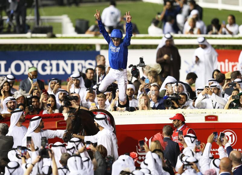 Christophe Soumillon celebrates after winning the Dubai World Cup with Thunder Snow. EPA