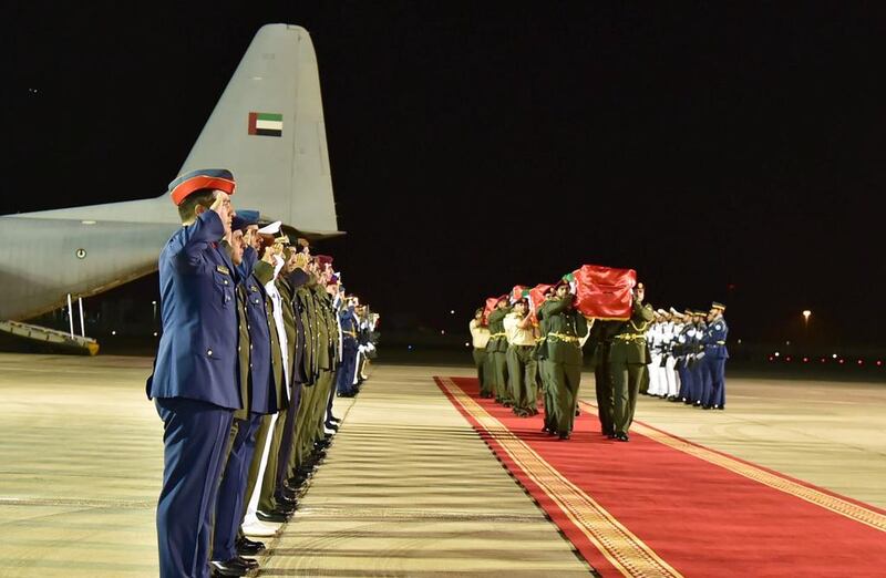 The fallen soldiers received full military honours at Al Bateen Airport on Wednesday evening.