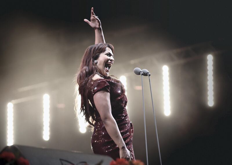 LONDON, ENGLAND - SEPTEMBER 12:  (EDITORS NOTE: Image has been digitally altered) Soprano Danielle De Niese performs onstage in Hyde Park during Proms in the Park on September 12, 2015 in London, England. World Famous Soprano Danielle De Niese is married to Glyndebourne's Gus Christie and they have a 3 month old son, Bacchus.  (Photo by Gareth Cattermole/Getty Images)