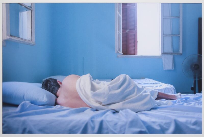 A work by Augustine Paredes from 2017, 'A Boy Sleeping in Hostel Beirut', part of the Sotheby's Made in the Emirates exhibition. Photo: Augustine Paredes