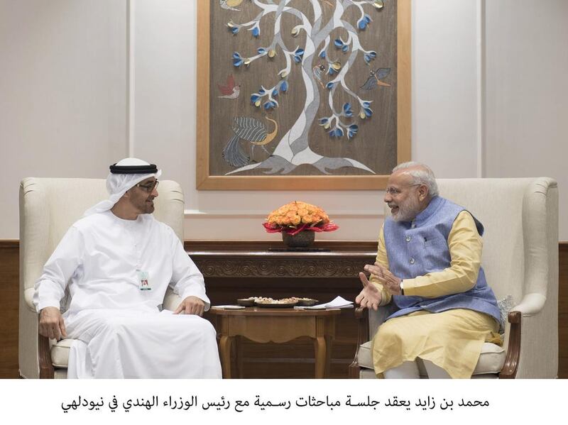 Sheikh Mohamed bin Zayed Al Nahyan, Crown Prince of Abu Dhabi and Deputy Supreme Commander of the Armed Forces, with Narendra Modi, prime minister of India, in New Delhi. Rashed Al Mansoori / Crown Prince Court - Abu Dhabi 