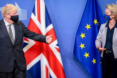 Britain's Prime Minister Boris Johnson is welcomed by European Commission President Ursula von der Leyen in the Berlaymont building at the EU headquarters in Brussels. AFP