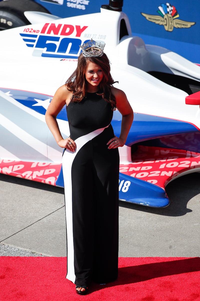 Ms Mund poses on the red carpet before the 102nd Indianapolis 500 motor race in Indiana. EPA