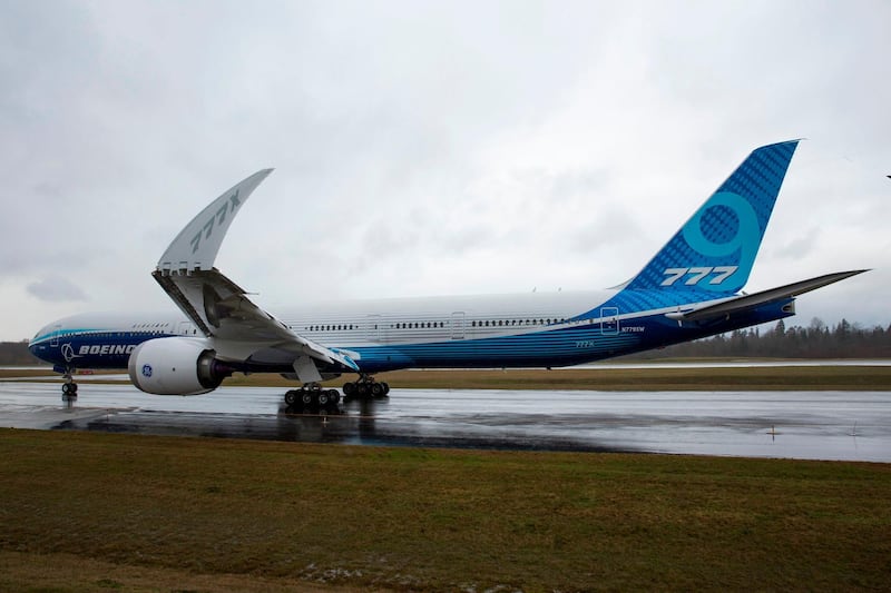 The Boeing 777X airplane taxis for the first flight, which had to be rescheduled due to weather, at Paine Field in Everett, Washington on January 24, 2020. AFP